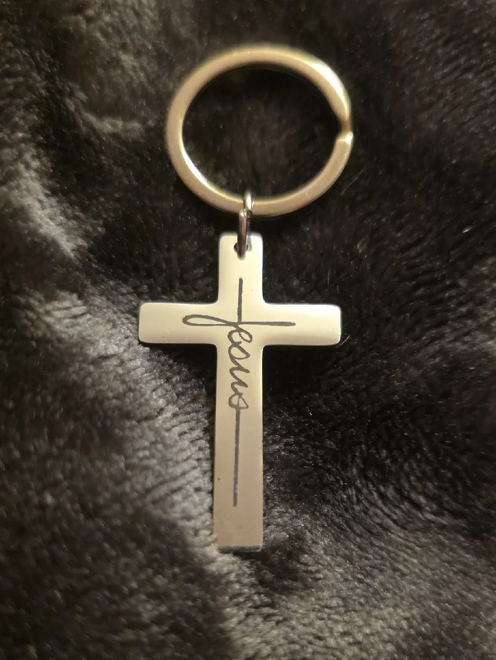Silver Cross Keychain with 'Jesus' Script